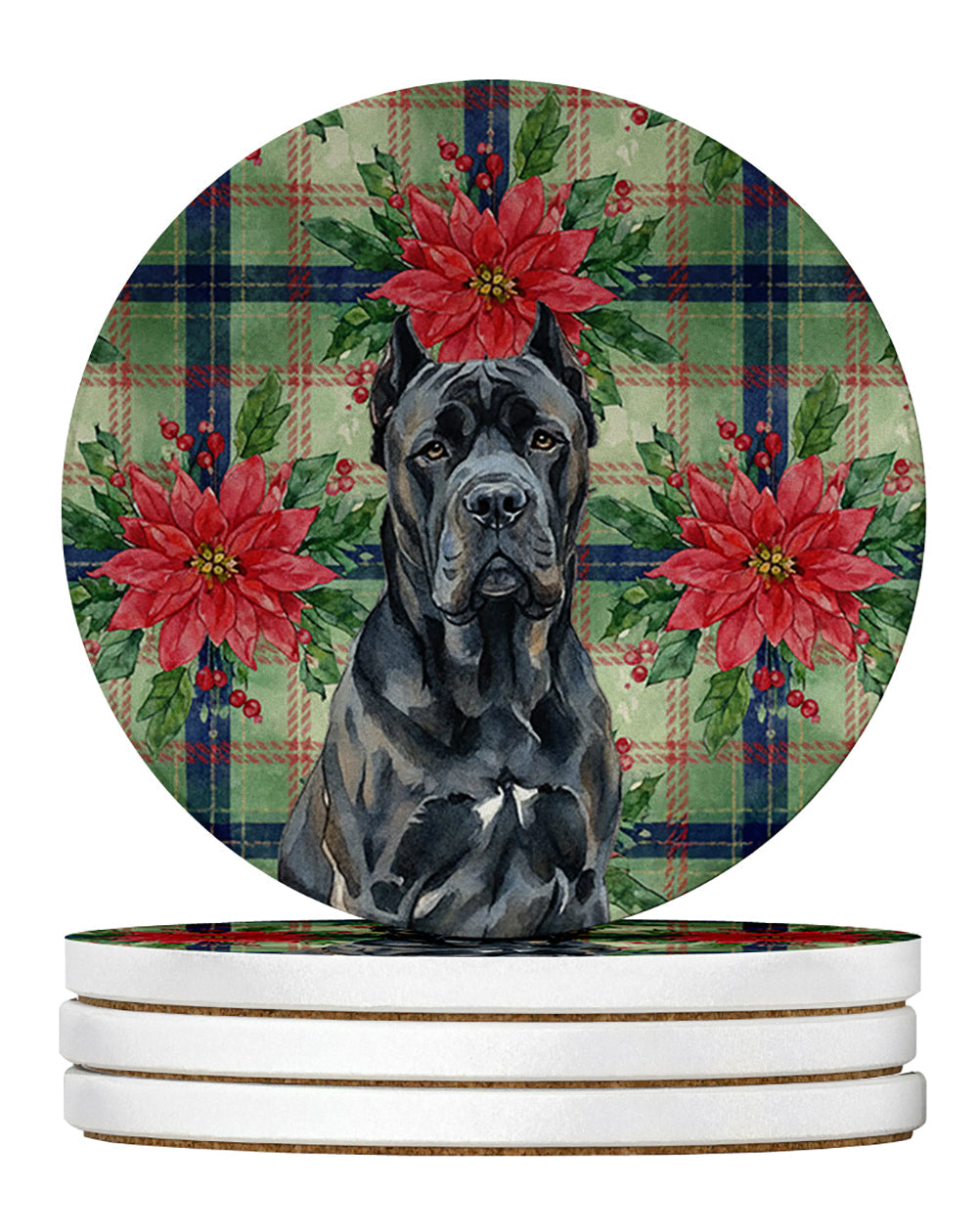 Cane Corso Christmas PoinsettIas Large Sandstone Coasters Pack of 4 Absorbent Round Coasters Decor Gifts for Men or Women, 4 in, Multicolor