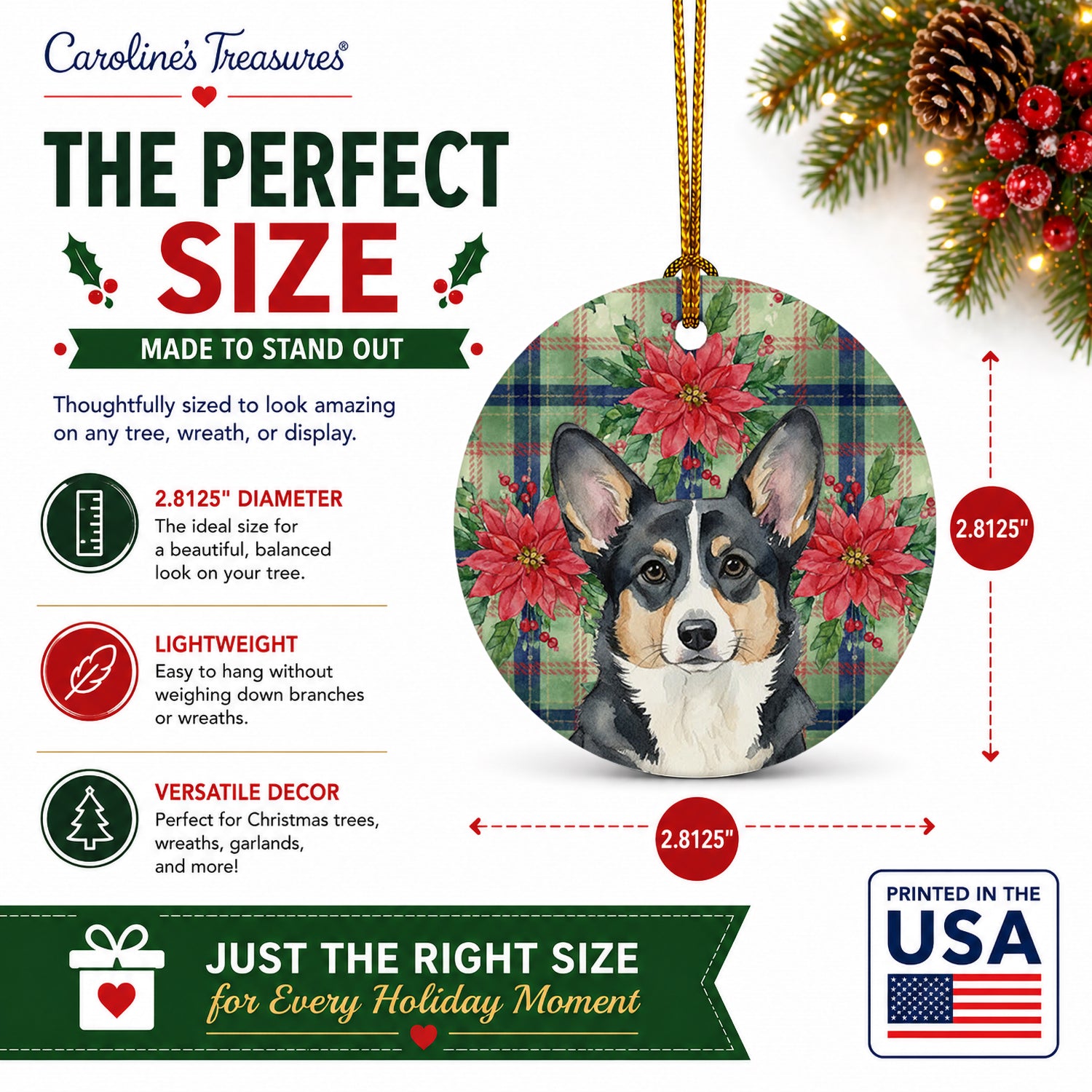Black and White Cardigan Welsh Corgi Christmas PoinsettIas Ceramic Ornament Christmas Tree Hanging Decorations for Home Christmas Holiday, Party, Gift, 3 in, Multicolor