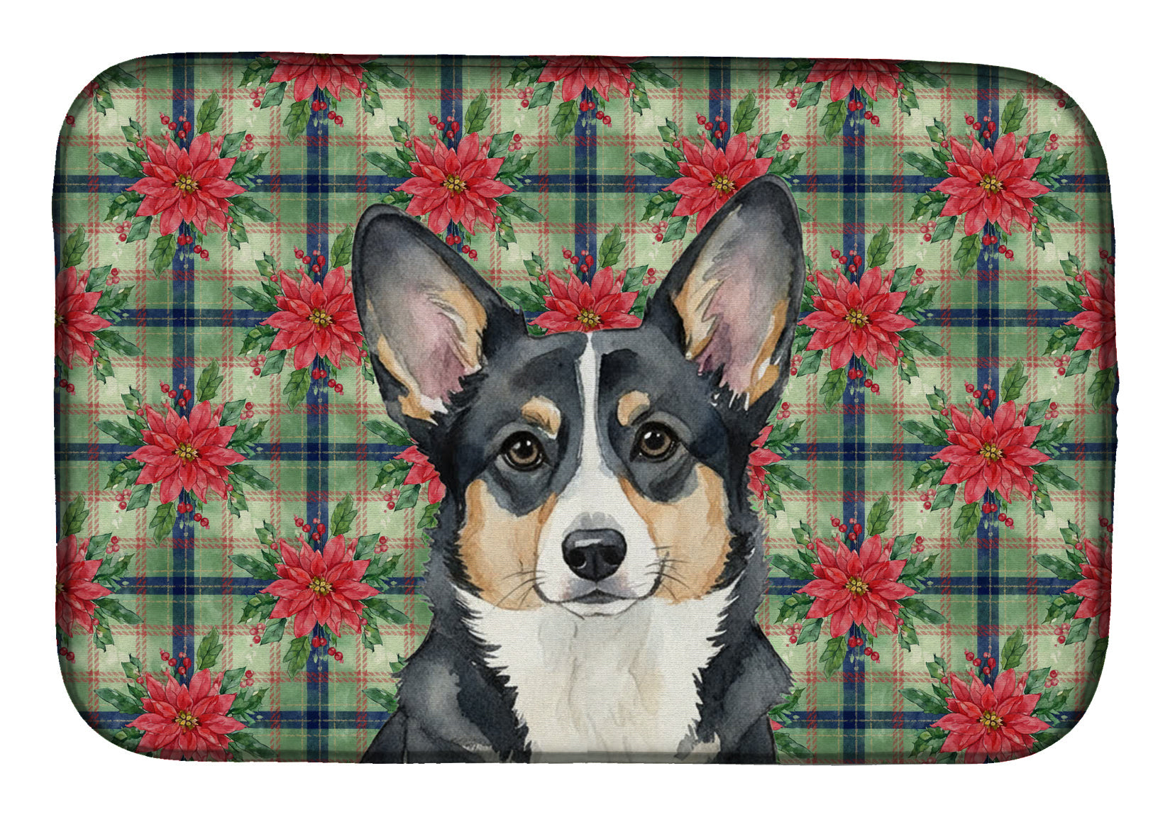 Black and White Cardigan Welsh Corgi Christmas PoinsettIas Dish Drying Mat Absorbent Dish Drying Mat Pad for Kitchen Counter Dish Drainer Mat for Countertop, 14 x 21", Multicolor