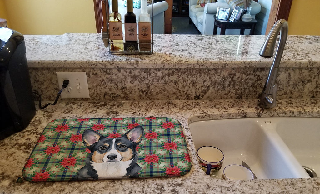 Black and White Cardigan Welsh Corgi Christmas PoinsettIas Dish Drying Mat Absorbent Dish Drying Mat Pad for Kitchen Counter Dish Drainer Mat for Countertop, 14 x 21", Multicolor