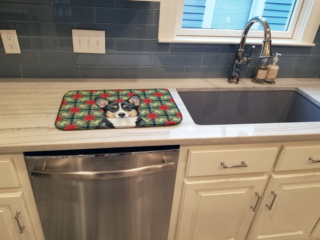Black and White Cardigan Welsh Corgi Christmas PoinsettIas Dish Drying Mat Absorbent Dish Drying Mat Pad for Kitchen Counter Dish Drainer Mat for Countertop, 14 x 21", Multicolor
