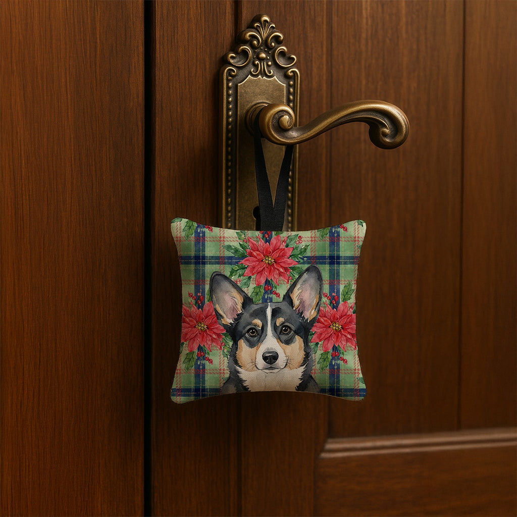 Black and White Cardigan Welsh Corgi Christmas PoinsettIas Hanging Square Fabric Ornament 3.5 � 3.5 Decorative Door-Knob & Tree Hanger, Soft Fabric