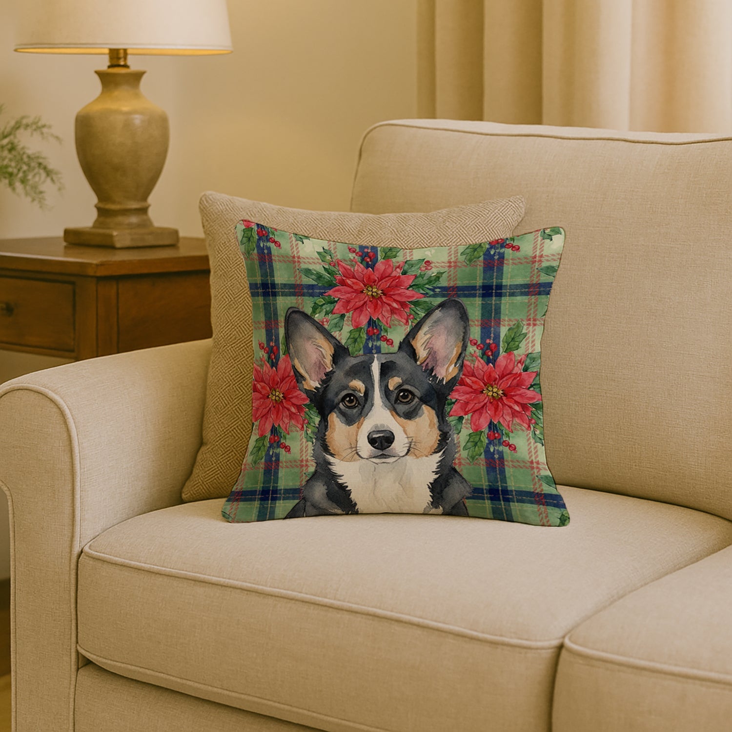 Black and White Cardigan Welsh Corgi Christmas PoinsettIas Decorative Throw Pillow 18x18 Indoor Outdoor Accent Cushion, Fabric Cover with Insert for Sofa, Bed, Porch & Living Room