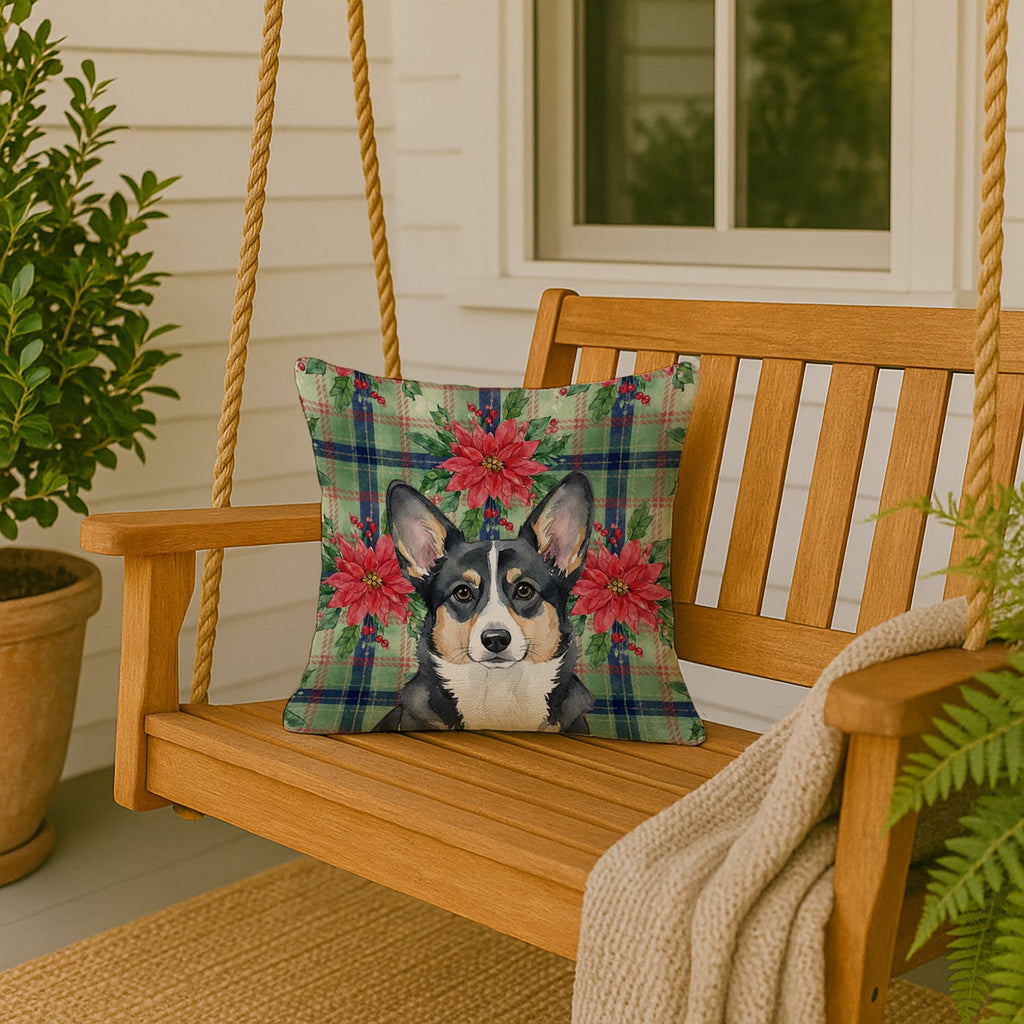 Black and White Cardigan Welsh Corgi Christmas PoinsettIas Decorative Throw Pillow 18x18 Indoor Outdoor Accent Cushion, Fabric Cover with Insert for Sofa, Bed, Porch & Living Room