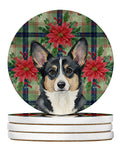 Black and White Cardigan Welsh Corgi Christmas PoinsettIas Large Sandstone Coasters Pack of 4 Absorbent Round Coasters Decor Gifts for Men or Women, 4 in, Multicolor