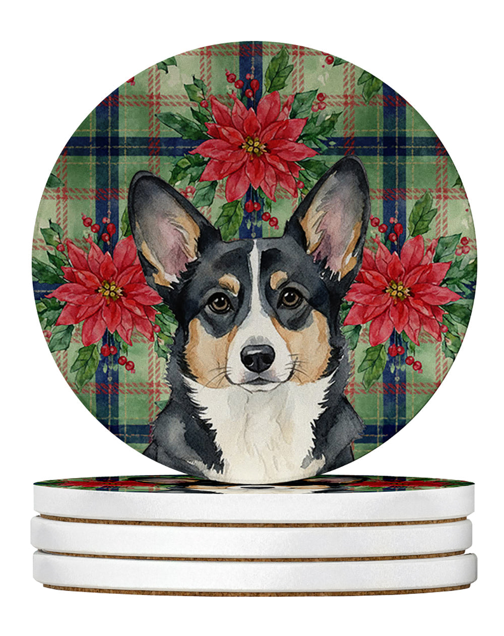 Black and White Cardigan Welsh Corgi Christmas PoinsettIas Large Sandstone Coasters Pack of 4 Absorbent Round Coasters Decor Gifts for Men or Women, 4 in, Multicolor