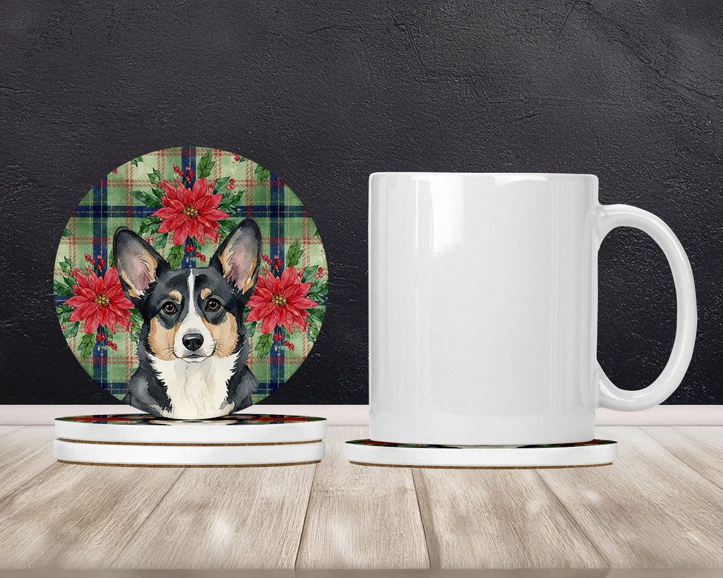 Black and White Cardigan Welsh Corgi Christmas PoinsettIas Large Sandstone Coasters Pack of 4 Absorbent Round Coasters Decor Gifts for Men or Women, 4 in, Multicolor