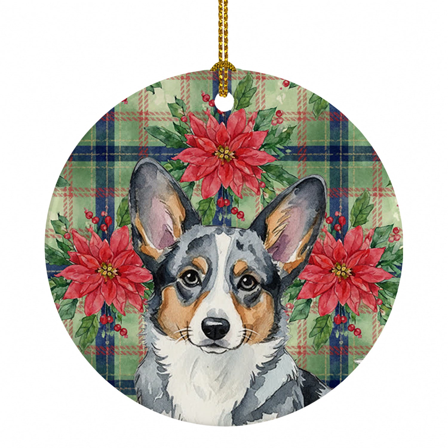 Blue Merle Cardigan Welsh Corgi Christmas PoinsettIas Ceramic Ornament Christmas Tree Hanging Decorations for Home Christmas Holiday, Party, Gift, 3 in, Multicolor