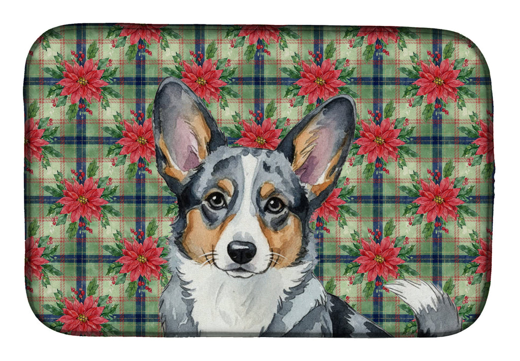 Blue Merle Cardigan Welsh Corgi Christmas PoinsettIas Dish Drying Mat Absorbent Dish Drying Mat Pad for Kitchen Counter Dish Drainer Mat for Countertop, 14 x 21", Multicolor