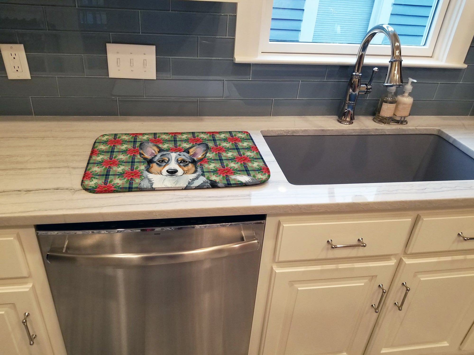 Blue Merle Cardigan Welsh Corgi Christmas PoinsettIas Dish Drying Mat Absorbent Dish Drying Mat Pad for Kitchen Counter Dish Drainer Mat for Countertop, 14 x 21", Multicolor