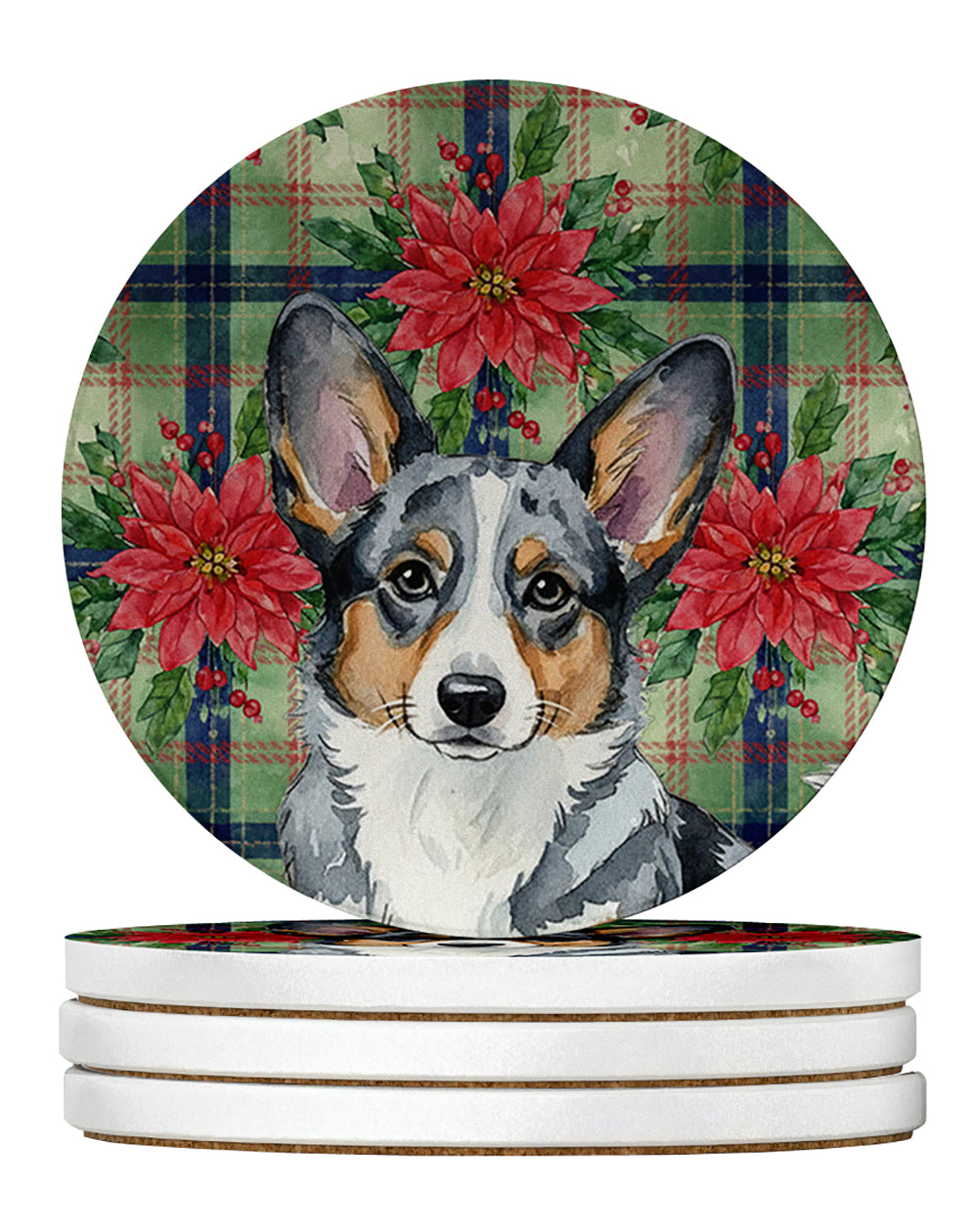 Blue Merle Cardigan Welsh Corgi Christmas PoinsettIas Large Sandstone Coasters Pack of 4 Absorbent Round Coasters Decor Gifts for Men or Women, 4 in, Multicolor