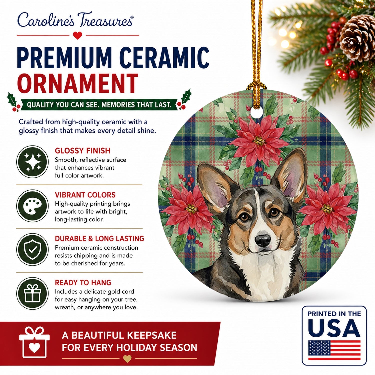 Brindle Cardigan Welsh Corgi Christmas PoinsettIas Ceramic Ornament Christmas Tree Hanging Decorations for Home Christmas Holiday, Party, Gift, 3 in, Multicolor