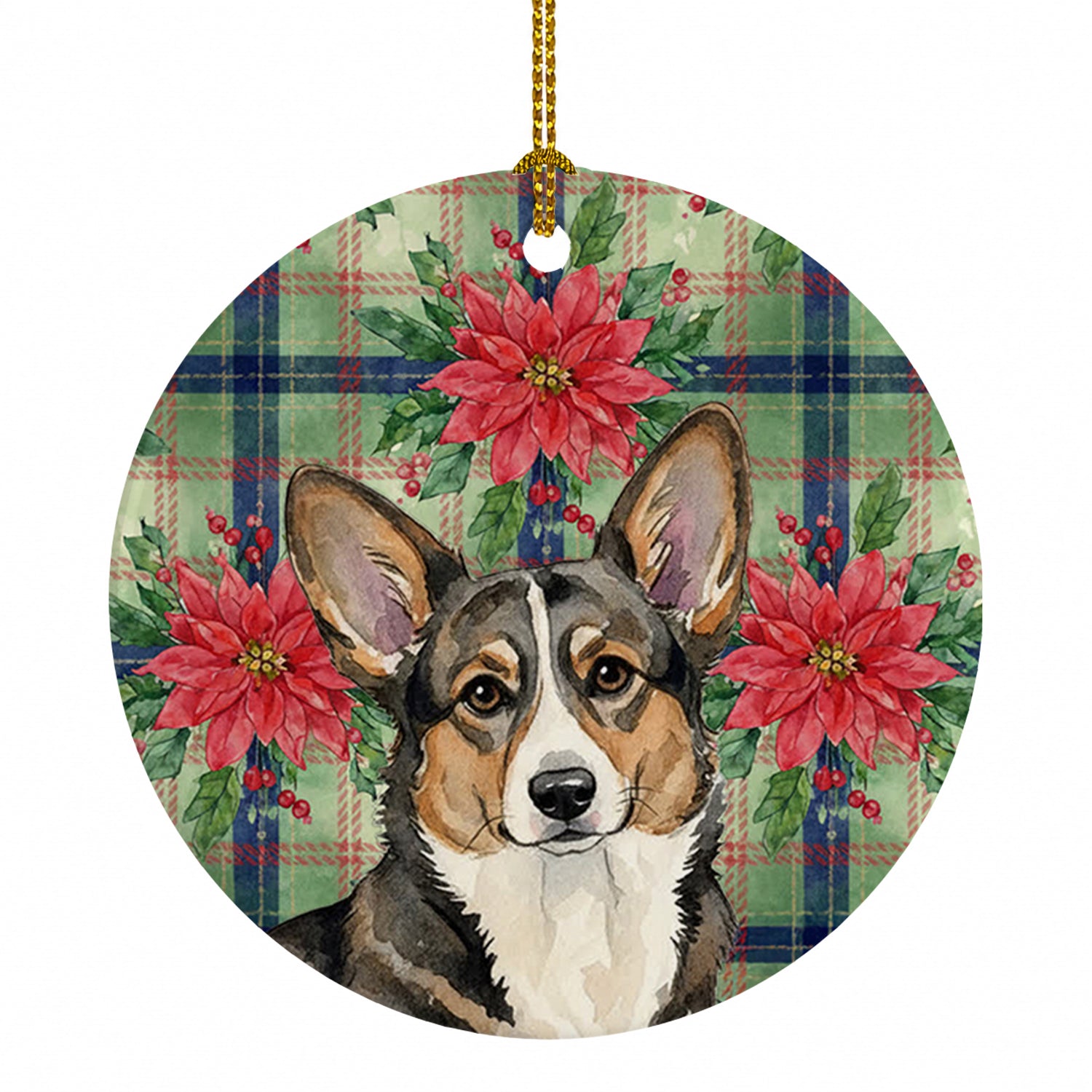 Brindle Cardigan Welsh Corgi Christmas PoinsettIas Ceramic Ornament Christmas Tree Hanging Decorations for Home Christmas Holiday, Party, Gift, 3 in, Multicolor