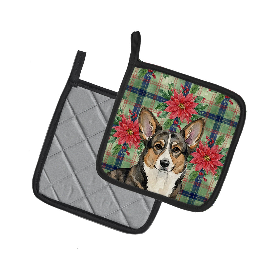 Brindle Cardigan Welsh Corgi Christmas PoinsettIas Pot Holder Set of 2 Heat Resistant Quilted Hot Pads 7.5 x 7.5 Inch, Insulated Kitchen Trivets for Cooking & Baking