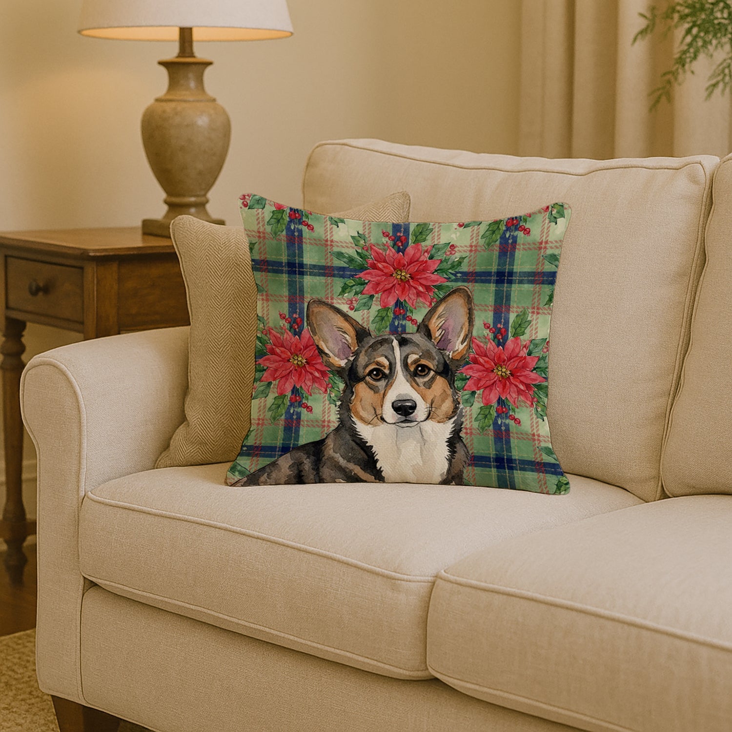 Brindle Cardigan Welsh Corgi Christmas PoinsettIas Decorative Throw Pillow 14x14 Indoor Outdoor Accent Cushion, Fabric Cover with Insert for Sofa, Bed, Porch & Living Room