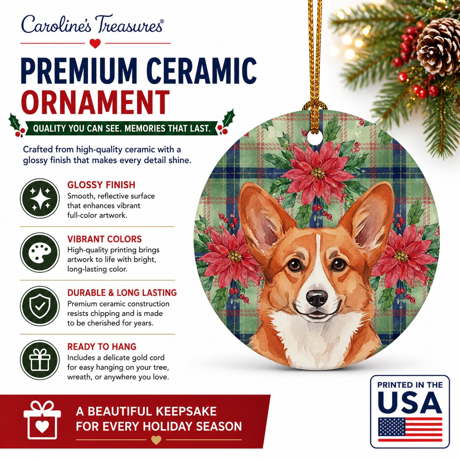 Red Cardigan Welsh Corgi Christmas PoinsettIas Ceramic Ornament Christmas Tree Hanging Decorations for Home Christmas Holiday, Party, Gift, 3 in, Multicolor