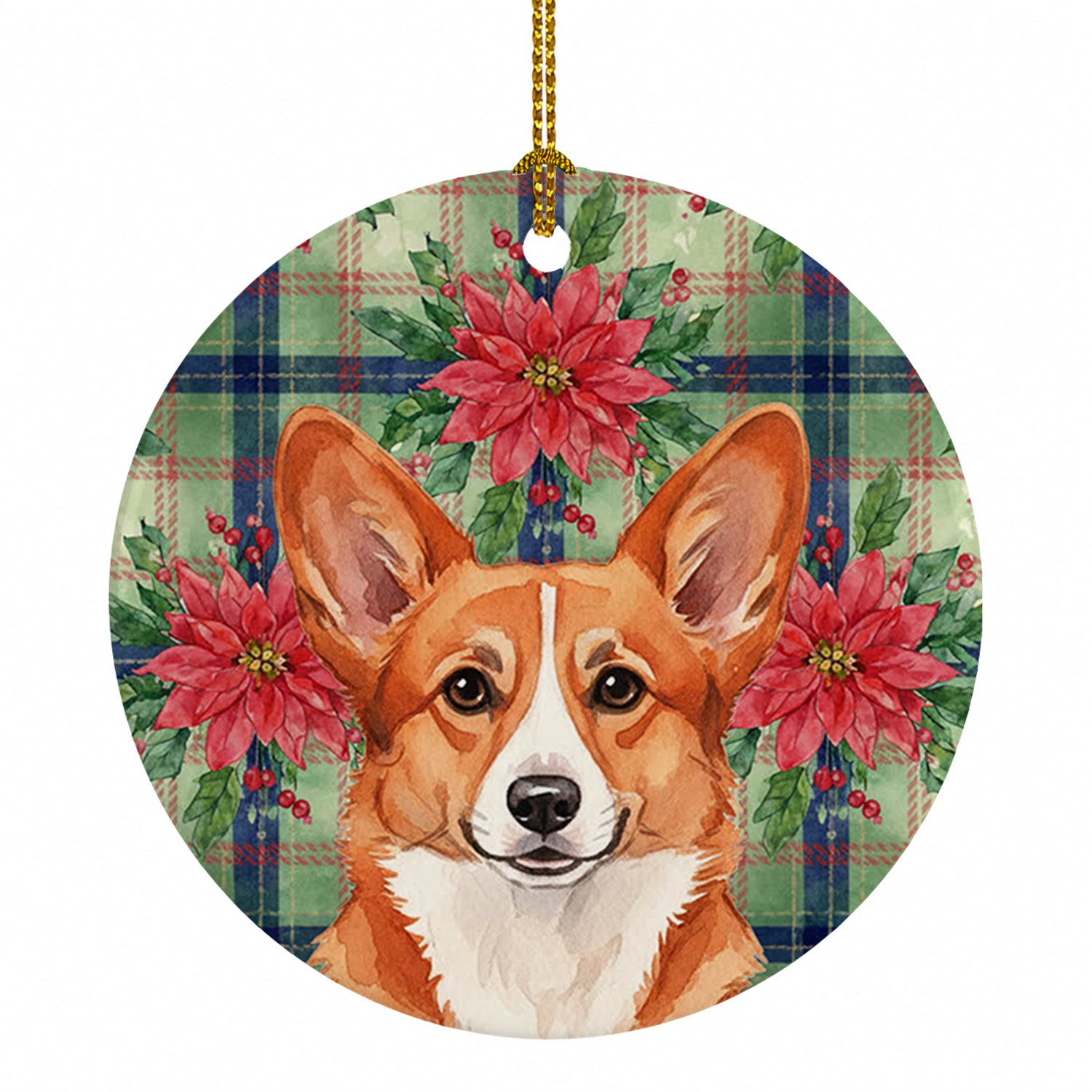 Red Cardigan Welsh Corgi Christmas PoinsettIas Ceramic Ornament Christmas Tree Hanging Decorations for Home Christmas Holiday, Party, Gift, 3 in, Multicolor