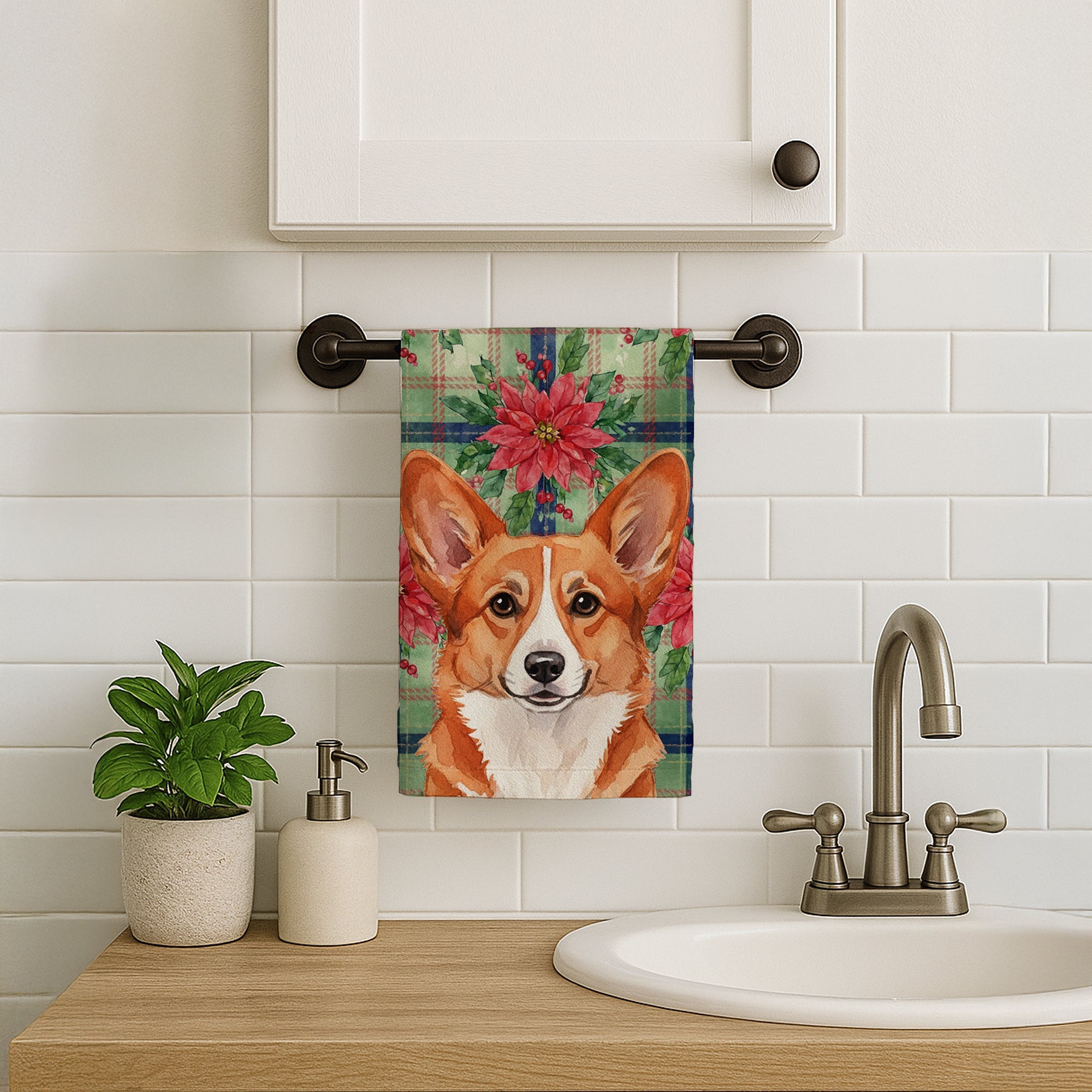 Red Cardigan Welsh Corgi Christmas PoinsettIas Kitchen Towel Velour Plush Front and Cotton Loop Back Machine Washable