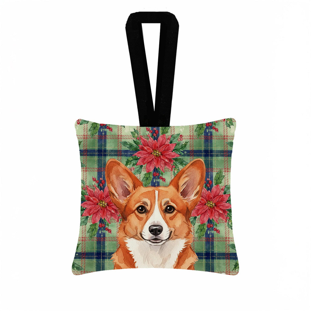 Red Cardigan Welsh Corgi Christmas PoinsettIas Hanging Square Fabric Ornament 3.5 � 3.5 Decorative Door-Knob & Tree Hanger, Soft Fabric