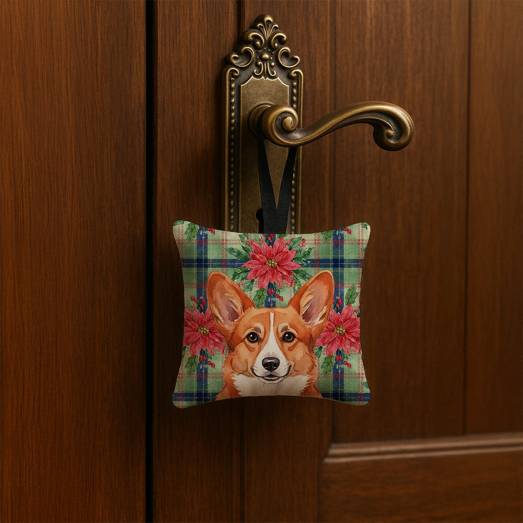 Red Cardigan Welsh Corgi Christmas PoinsettIas Hanging Square Fabric Ornament 3.5 � 3.5 Decorative Door-Knob & Tree Hanger, Soft Fabric