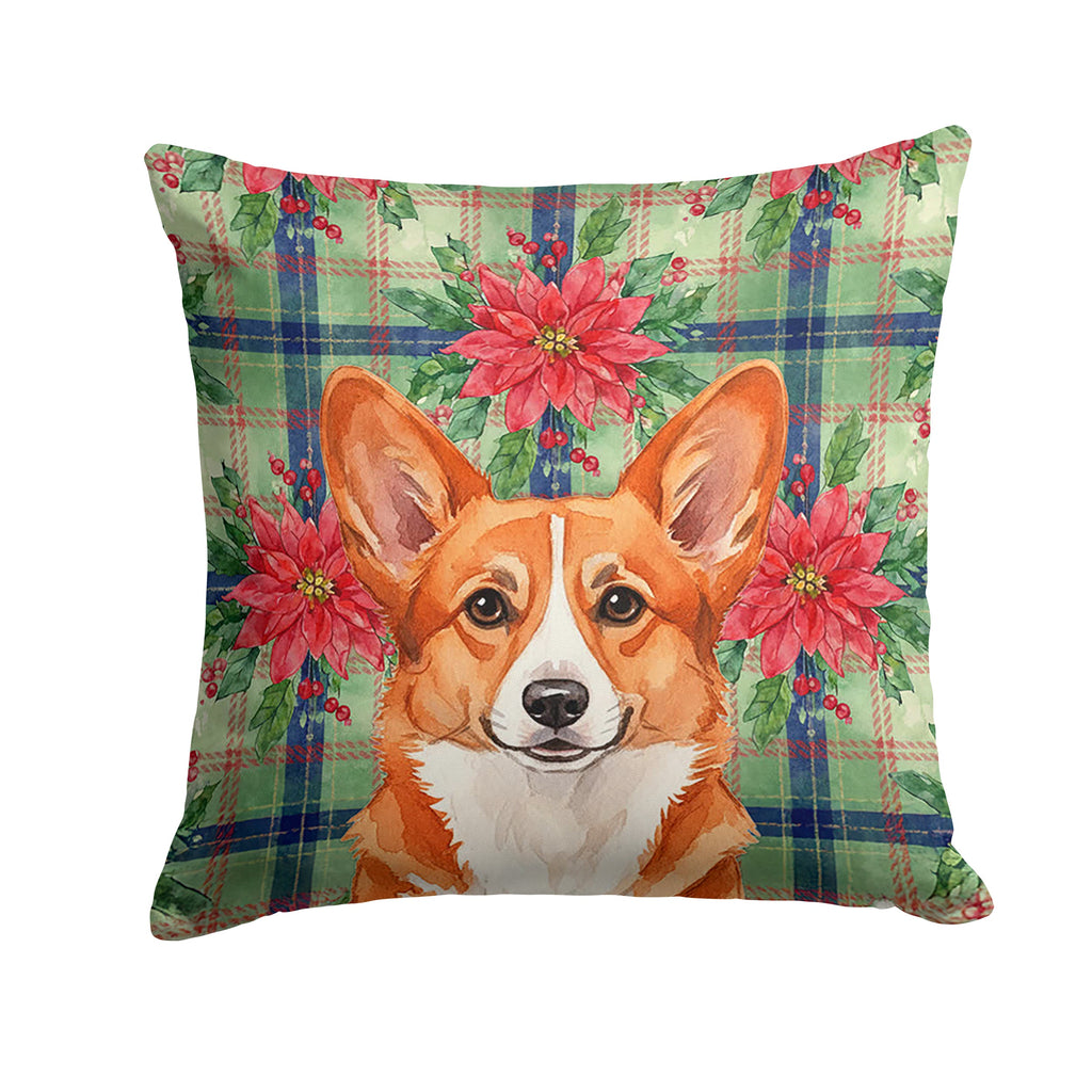 Red Cardigan Welsh Corgi Christmas PoinsettIas Decorative Throw Pillow 14x14 Indoor Outdoor Accent Cushion, Fabric Cover with Insert for Sofa, Bed, Porch & Living Room