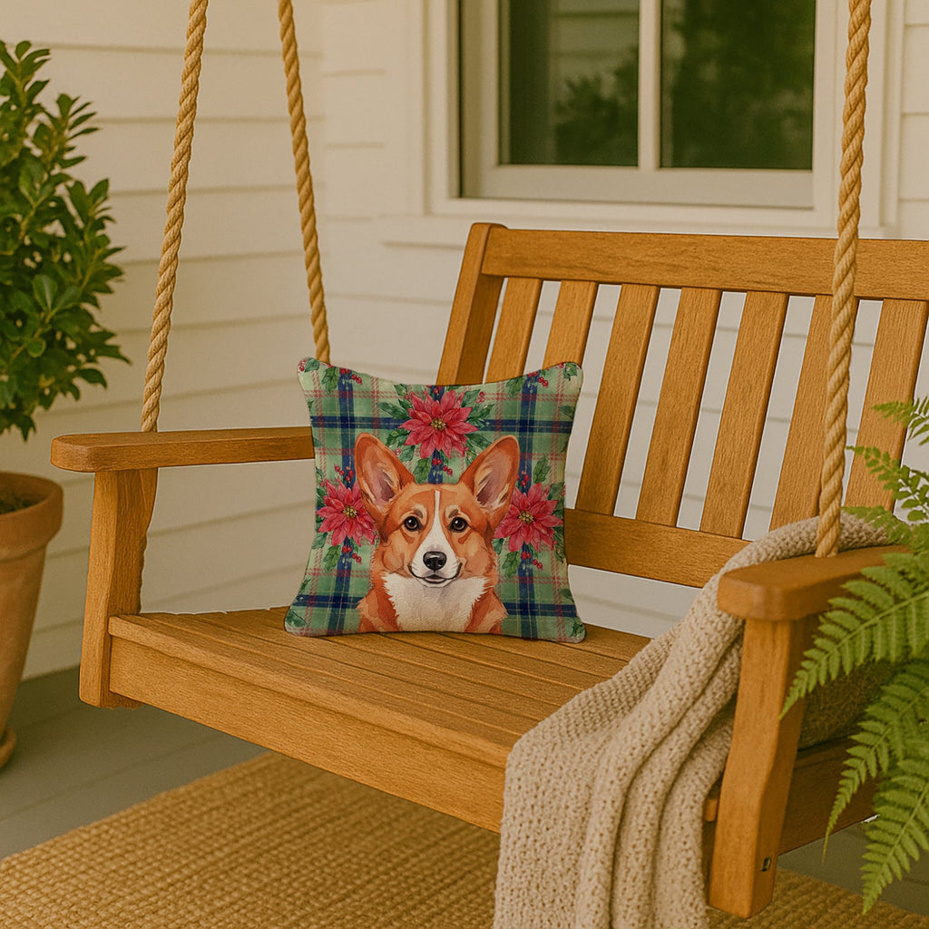 Red Cardigan Welsh Corgi Christmas PoinsettIas Decorative Throw Pillow 14x14 Indoor Outdoor Accent Cushion, Fabric Cover with Insert for Sofa, Bed, Porch & Living Room