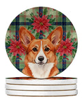 Red Cardigan Welsh Corgi Christmas PoinsettIas Large Sandstone Coasters Pack of 4 Absorbent Round Coasters Decor Gifts for Men or Women, 4 in, Multicolor