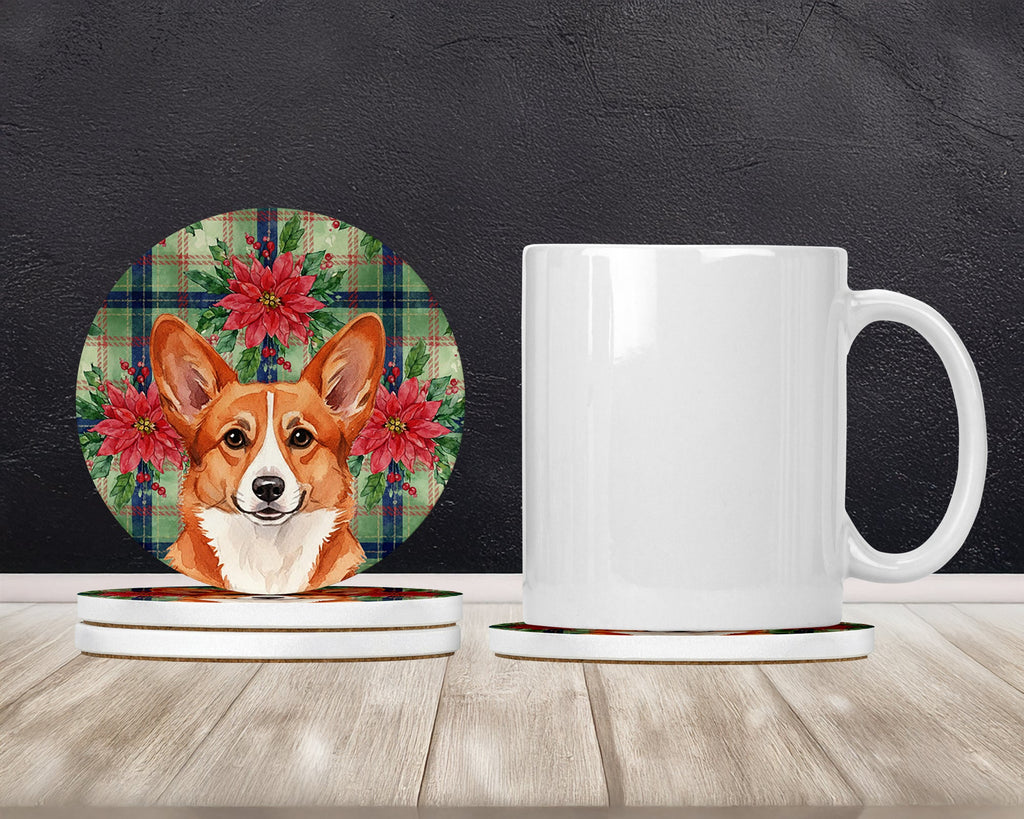 Red Cardigan Welsh Corgi Christmas PoinsettIas Large Sandstone Coasters Pack of 4 Absorbent Round Coasters Decor Gifts for Men or Women, 4 in, Multicolor
