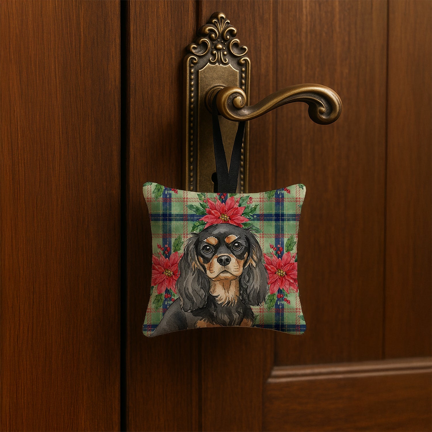 Black and Tan Cavalier Spaniel Christmas PoinsettIas Hanging Square Fabric Ornament 3.5 � 3.5 Decorative Door-Knob & Tree Hanger, Soft Fabric
