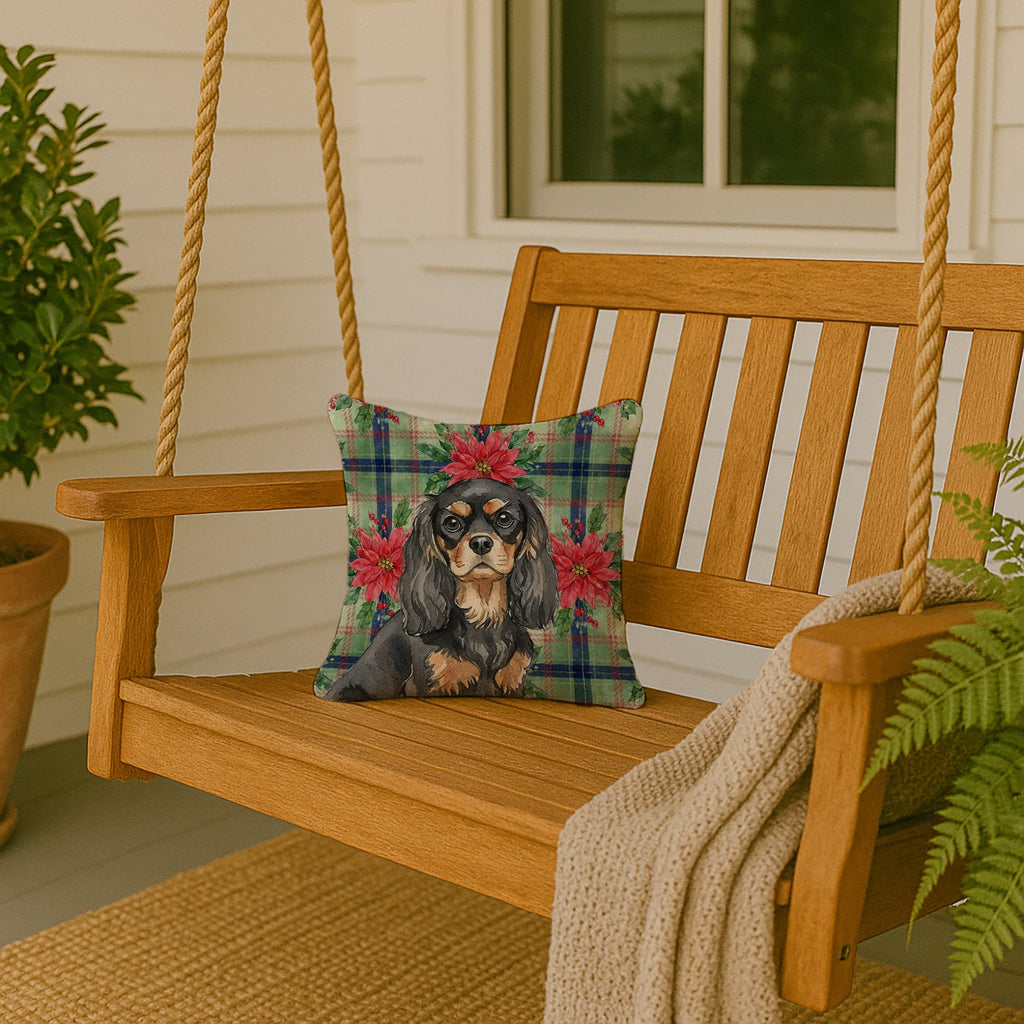 Black and Tan Cavalier Spaniel Christmas PoinsettIas Decorative Throw Pillow 14x14 Indoor Outdoor Accent Cushion, Fabric Cover with Insert for Sofa, Bed, Porch & Living Room