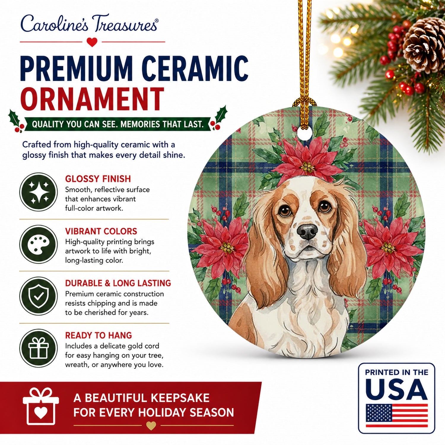 Blenheim Cavalier Spaniel Christmas PoinsettIas Ceramic Ornament Christmas Tree Hanging Decorations for Home Christmas Holiday, Party, Gift, 3 in, Multicolor