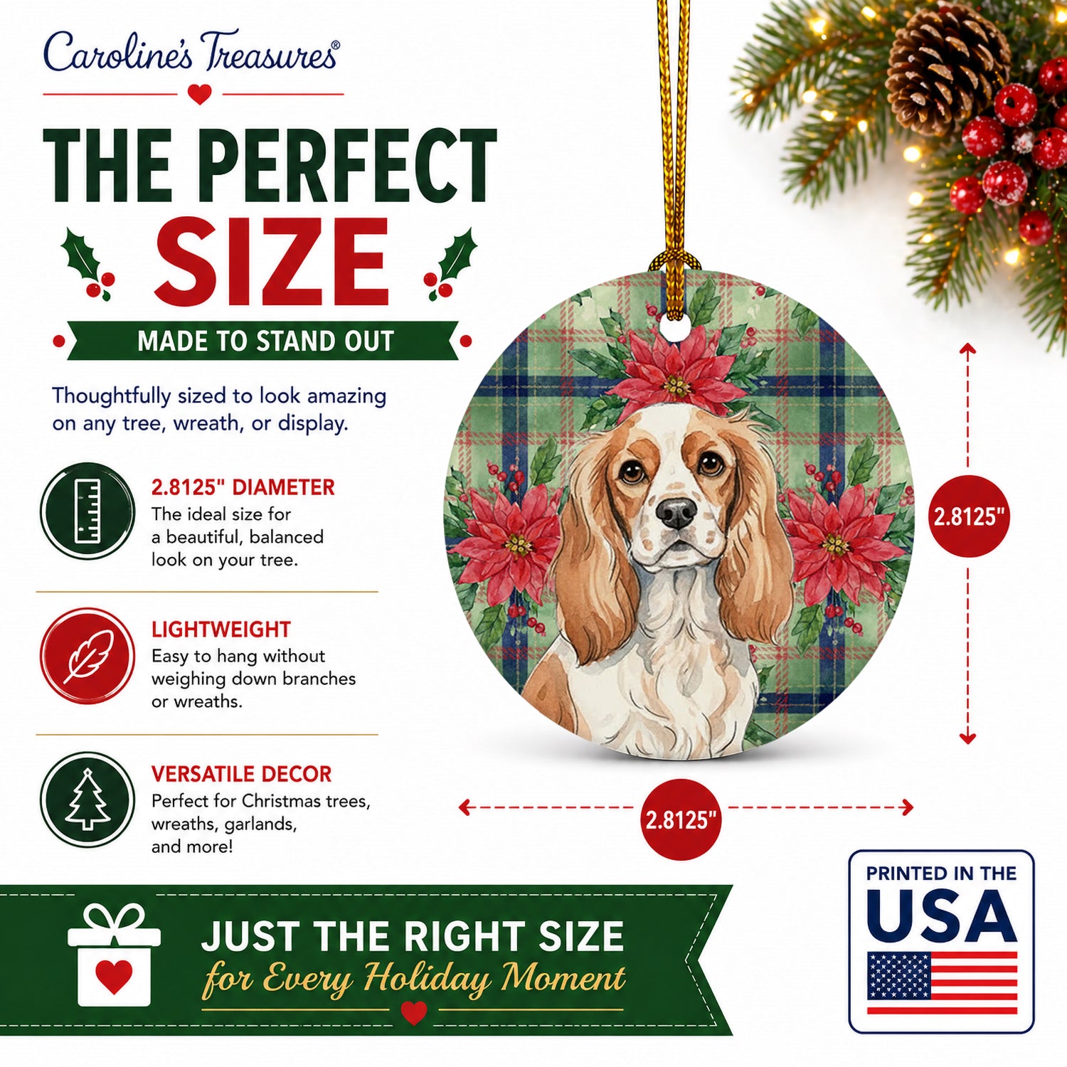 Blenheim Cavalier Spaniel Christmas PoinsettIas Ceramic Ornament Christmas Tree Hanging Decorations for Home Christmas Holiday, Party, Gift, 3 in, Multicolor