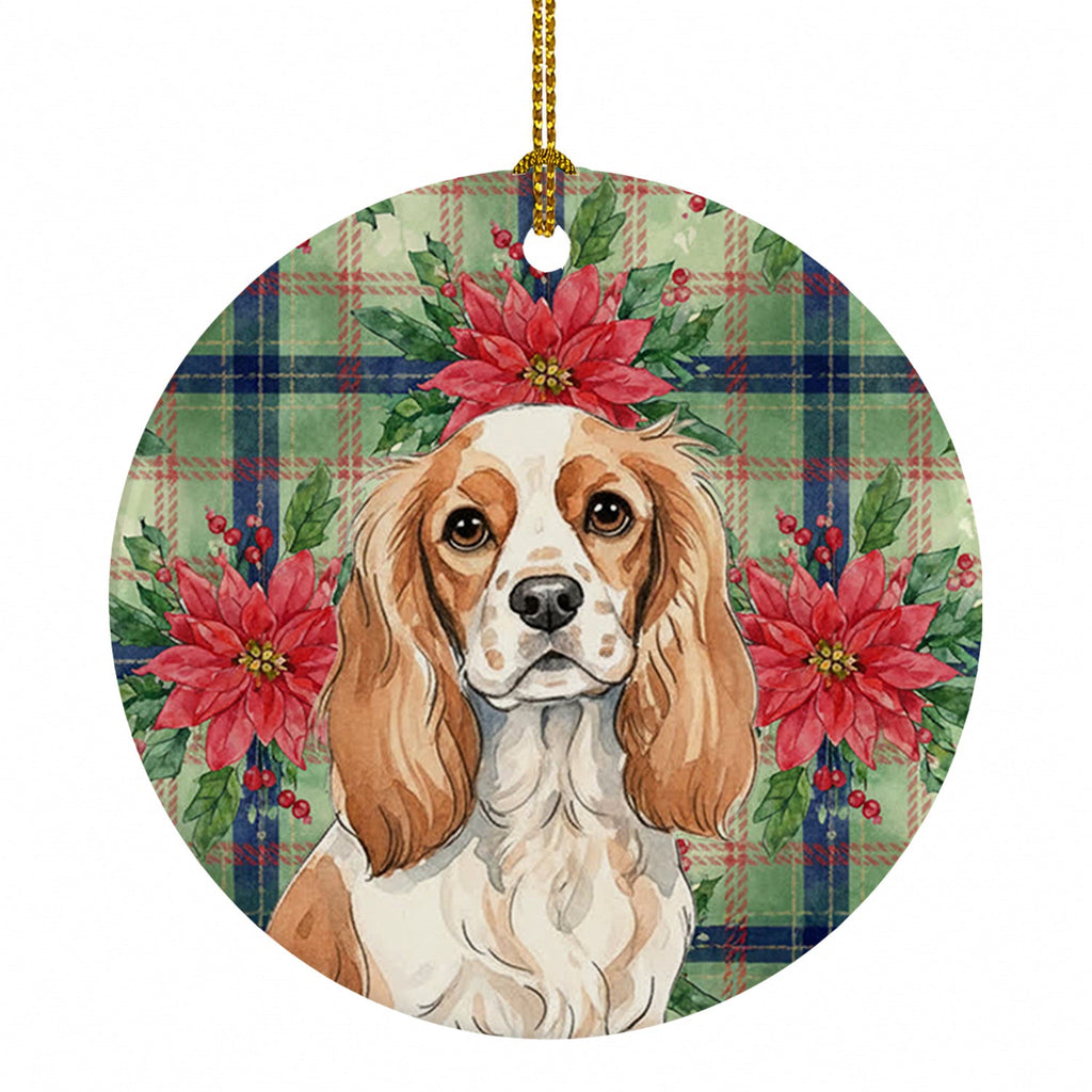 Blenheim Cavalier Spaniel Christmas PoinsettIas Ceramic Ornament Christmas Tree Hanging Decorations for Home Christmas Holiday, Party, Gift, 3 in, Multicolor