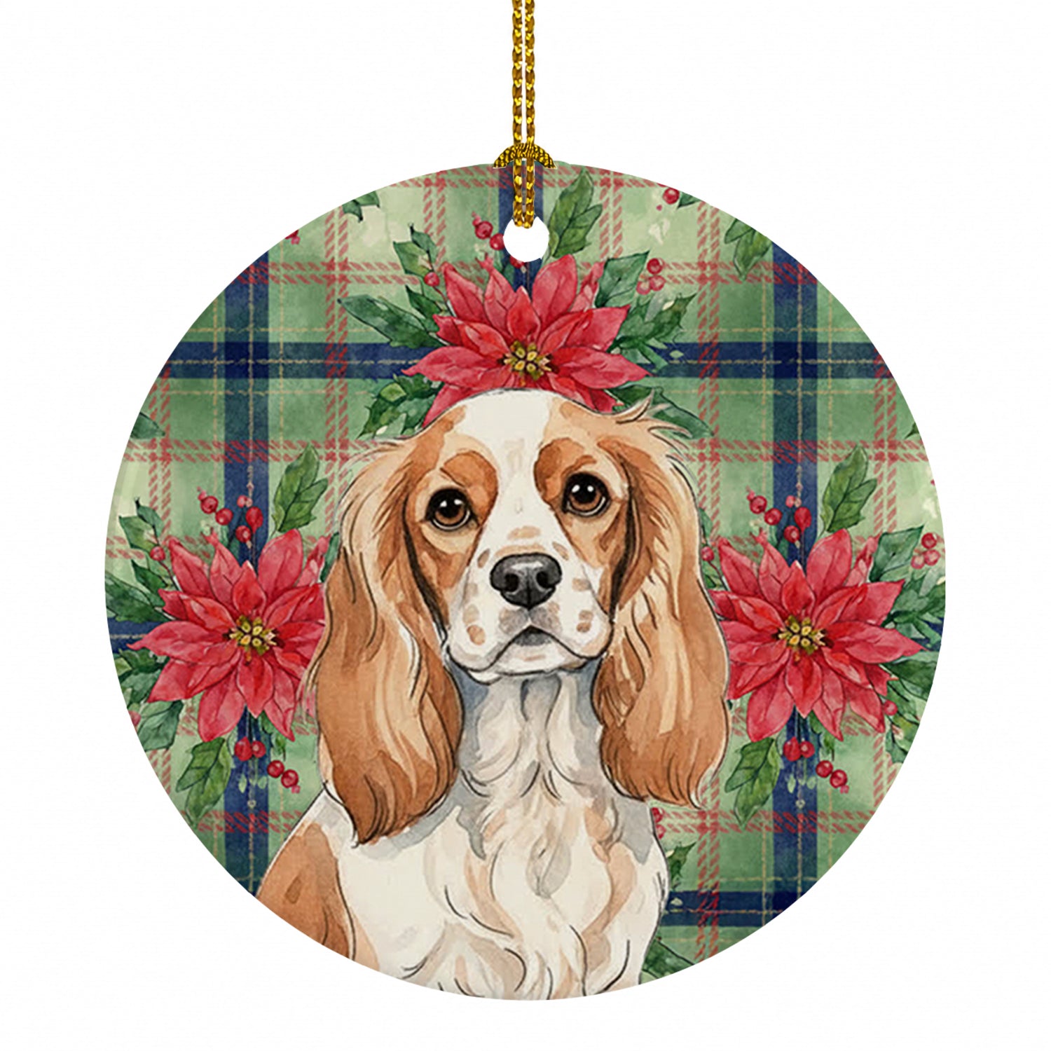 Blenheim Cavalier Spaniel Christmas PoinsettIas Ceramic Ornament Christmas Tree Hanging Decorations for Home Christmas Holiday, Party, Gift, 3 in, Multicolor