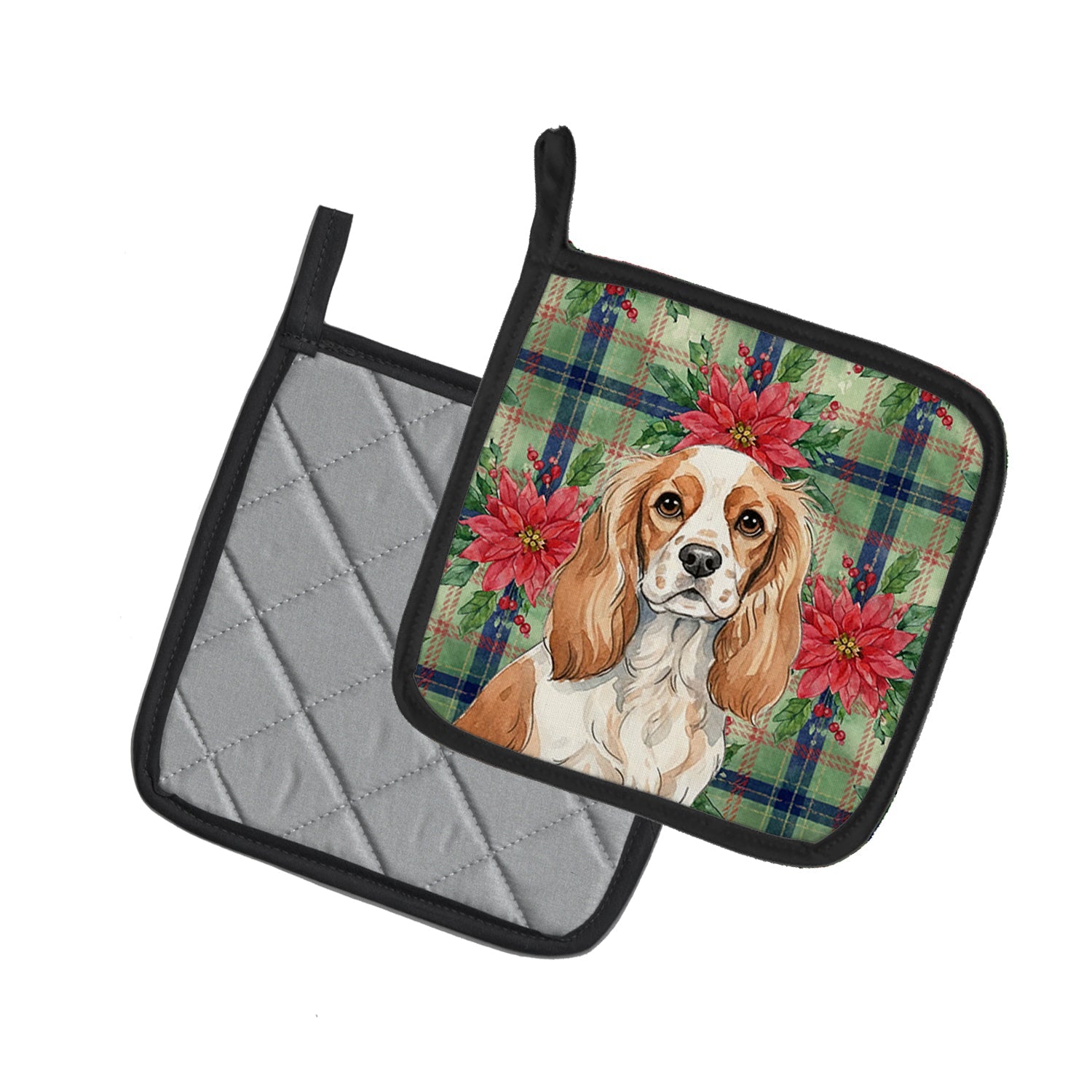 Blenheim Cavalier Spaniel Christmas PoinsettIas Pot Holder Set of 2 Heat Resistant Quilted Hot Pads 7.5 x 7.5 Inch, Insulated Kitchen Trivets for Cooking & Baking