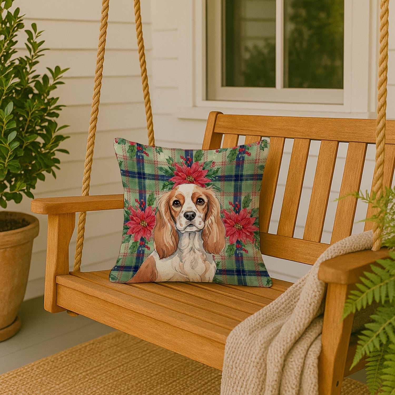 Blenheim Cavalier Spaniel Christmas PoinsettIas Decorative Throw Pillow 18x18 Indoor Outdoor Accent Cushion, Fabric Cover with Insert for Sofa, Bed, Porch & Living Room