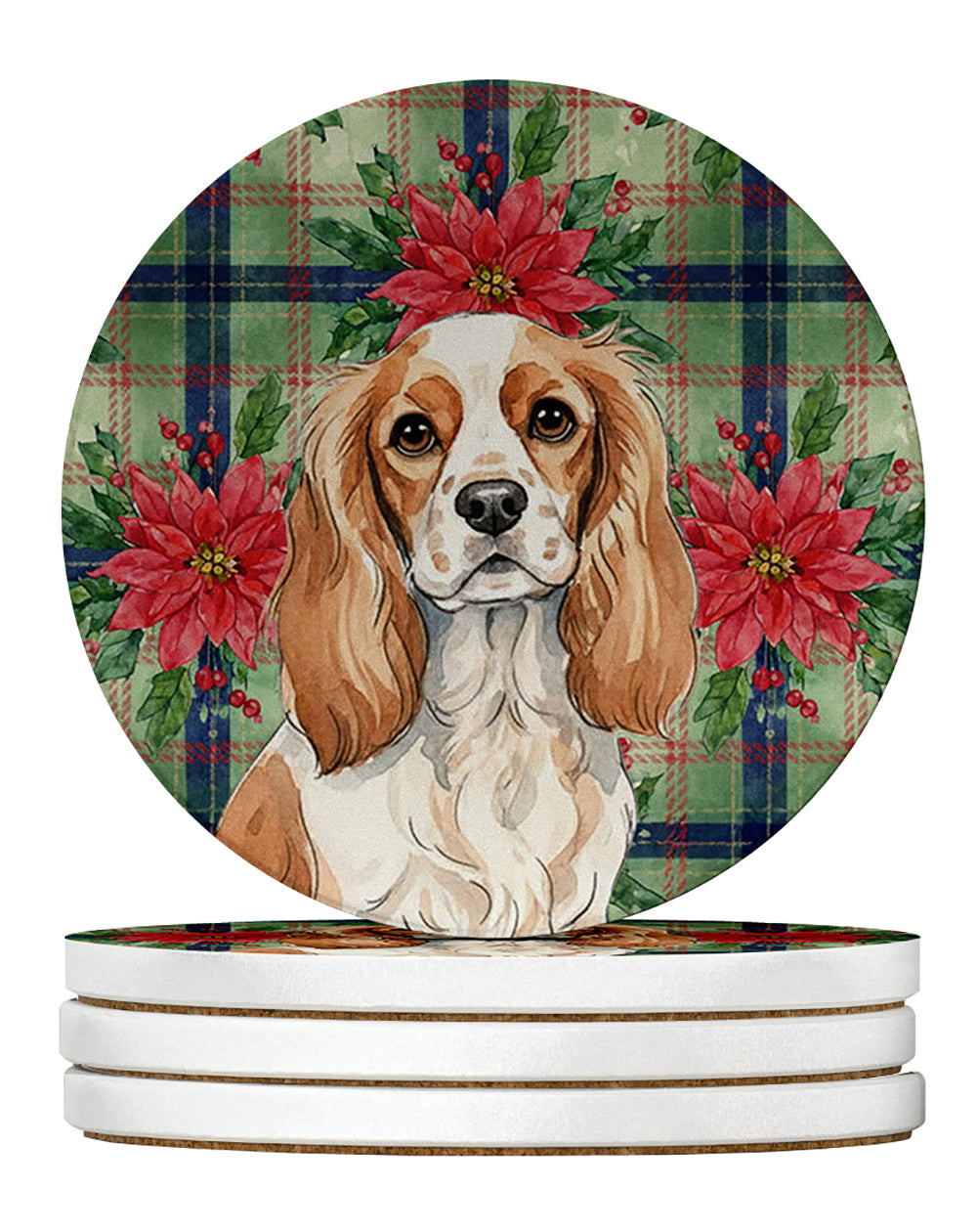 Blenheim Cavalier Spaniel Christmas PoinsettIas Large Sandstone Coasters Pack of 4 Absorbent Round Coasters Decor Gifts for Men or Women, 4 in, Multicolor