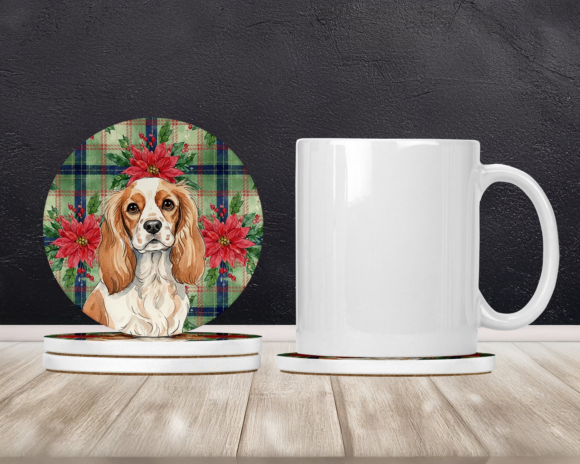 Blenheim Cavalier Spaniel Christmas PoinsettIas Large Sandstone Coasters Pack of 4 Absorbent Round Coasters Decor Gifts for Men or Women, 4 in, Multicolor