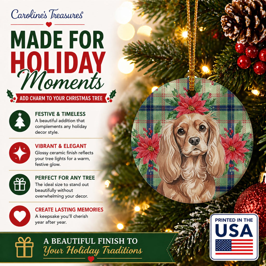 Ruby Cavalier Spaniel Christmas PoinsettIas Ceramic Ornament Christmas Tree Hanging Decorations for Home Christmas Holiday, Party, Gift, 3 in, Multicolor