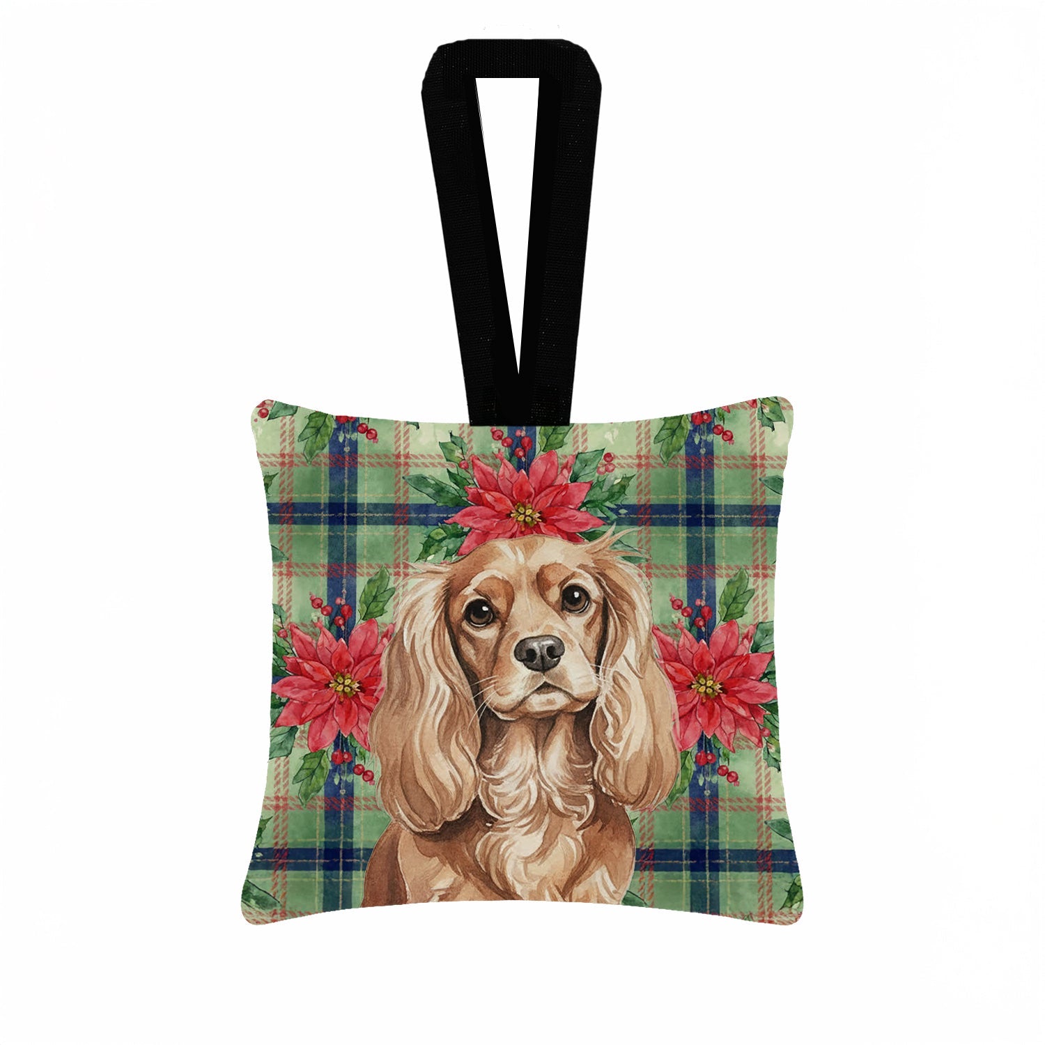 Ruby Cavalier Spaniel Christmas PoinsettIas Hanging Square Fabric Ornament 3.5 � 3.5 Decorative Door-Knob & Tree Hanger, Soft Fabric