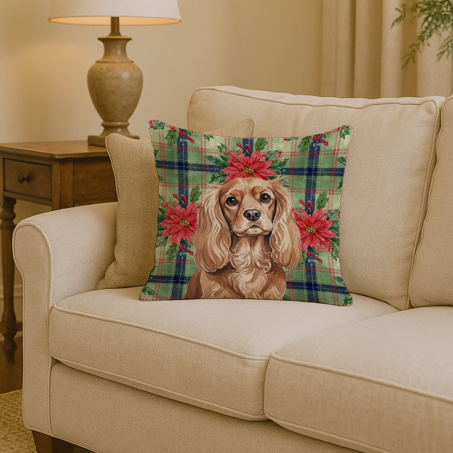 Ruby Cavalier Spaniel Christmas PoinsettIas Decorative Throw Pillow 14x14 Indoor Outdoor Accent Cushion, Fabric Cover with Insert for Sofa, Bed, Porch & Living Room