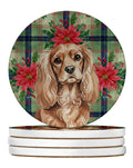 Ruby Cavalier Spaniel Christmas PoinsettIas Large Sandstone Coasters Pack of 4 Absorbent Round Coasters Decor Gifts for Men or Women, 4 in, Multicolor