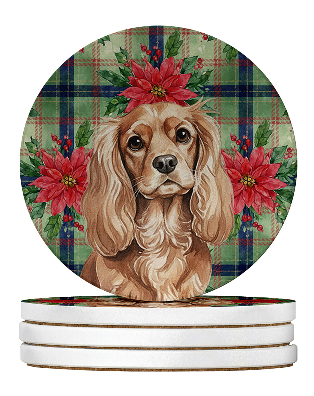 Ruby Cavalier Spaniel Christmas PoinsettIas Large Sandstone Coasters Pack of 4 Absorbent Round Coasters Decor Gifts for Men or Women, 4 in, Multicolor