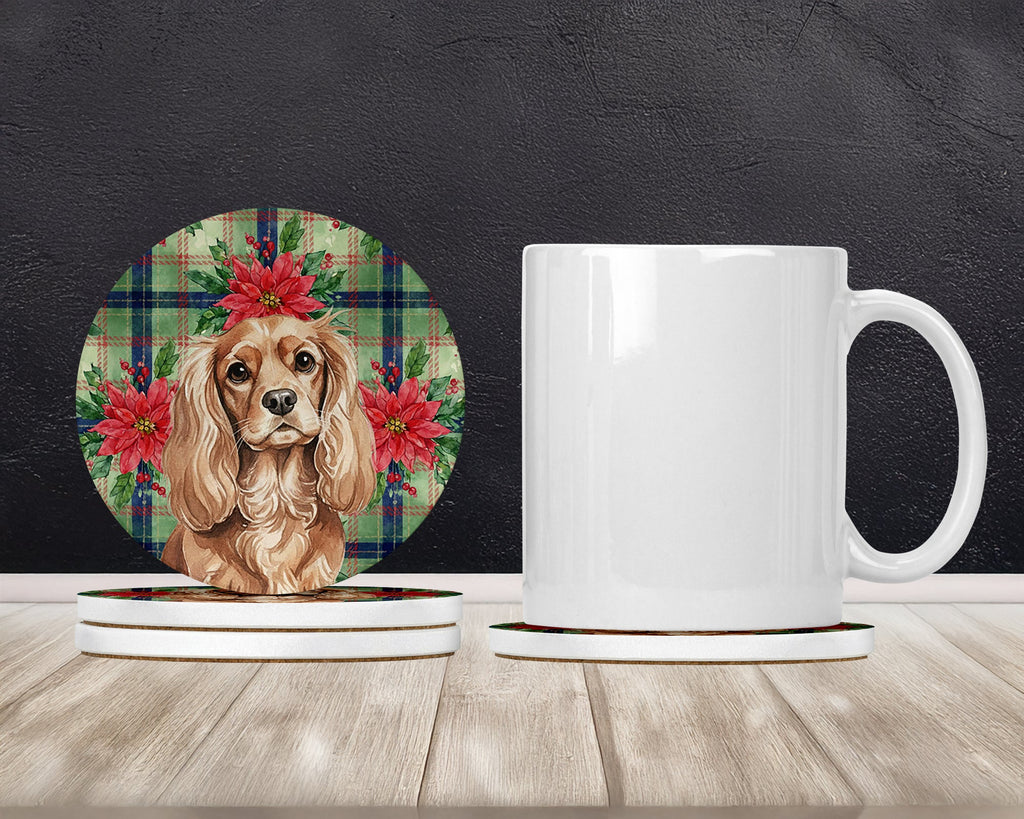 Ruby Cavalier Spaniel Christmas PoinsettIas Large Sandstone Coasters Pack of 4 Absorbent Round Coasters Decor Gifts for Men or Women, 4 in, Multicolor