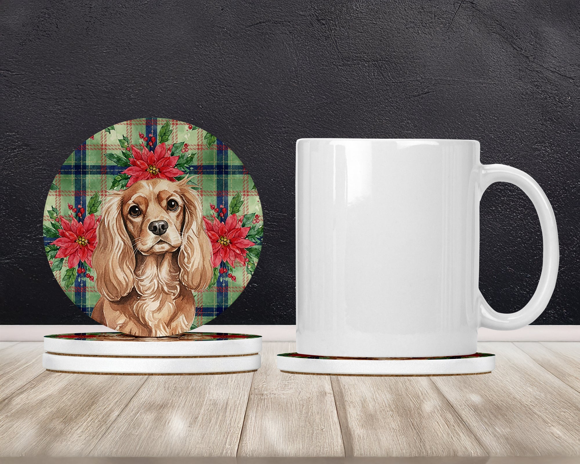 Ruby Cavalier Spaniel Christmas PoinsettIas Large Sandstone Coasters Pack of 4 Absorbent Round Coasters Decor Gifts for Men or Women, 4 in, Multicolor