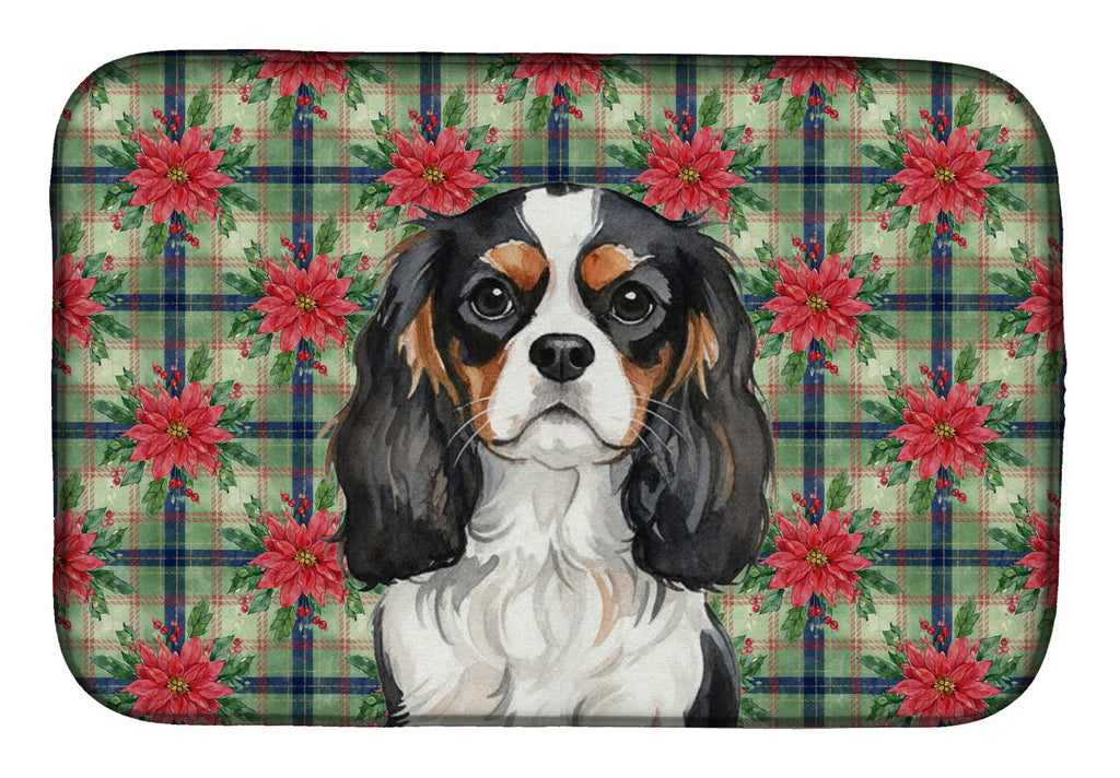 Tricolor Cavalier Spaniel Christmas PoinsettIas Dish Drying Mat Absorbent Dish Drying Mat Pad for Kitchen Counter Dish Drainer Mat for Countertop, 14 x 21", Multicolor
