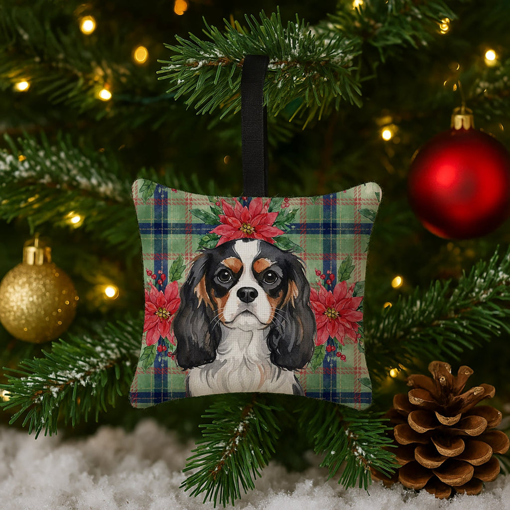 Tricolor Cavalier Spaniel Christmas PoinsettIas Hanging Square Fabric Ornament 3.5 � 3.5 Decorative Door-Knob & Tree Hanger, Soft Fabric