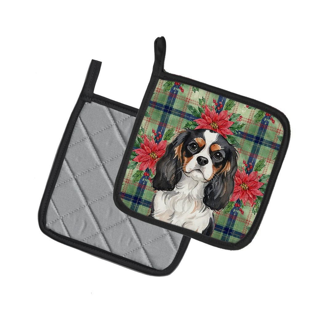Tricolor Cavalier Spaniel Christmas PoinsettIas Pot Holder Set of 2 Heat Resistant Quilted Hot Pads 7.5 x 7.5 Inch, Insulated Kitchen Trivets for Cooking & Baking