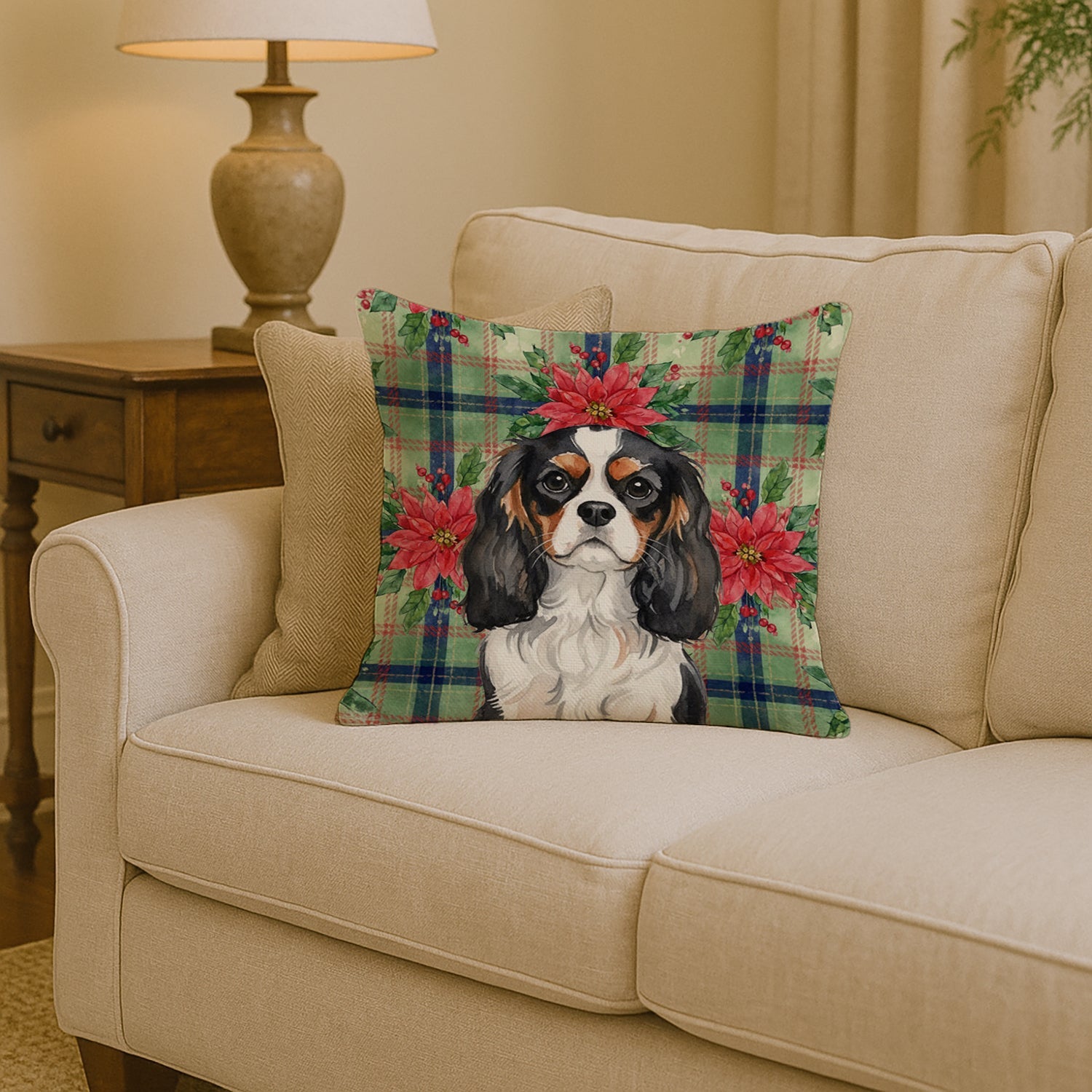 Tricolor Cavalier Spaniel Christmas PoinsettIas Decorative Throw Pillow 14x14 Indoor Outdoor Accent Cushion, Fabric Cover with Insert for Sofa, Bed, Porch & Living Room