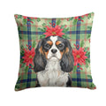 Tricolor Cavalier Spaniel Christmas PoinsettIas Decorative Throw Pillow 18x18 Indoor Outdoor Accent Cushion, Fabric Cover with Insert for Sofa, Bed, Porch & Living Room
